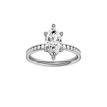 A front view of the Marquise cut diamond engagement ring in 14k white gold with a diamond channel band and cathedral setting