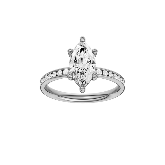 A front view of the Marquise cut diamond engagement ring in 14k white gold with a diamond channel band and cathedral setting