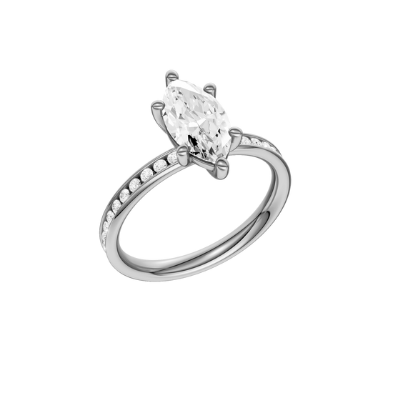 A three-quarter  view of the Marquise cut diamond engagement ring in platinum with a diamond channel band and cathedral setting