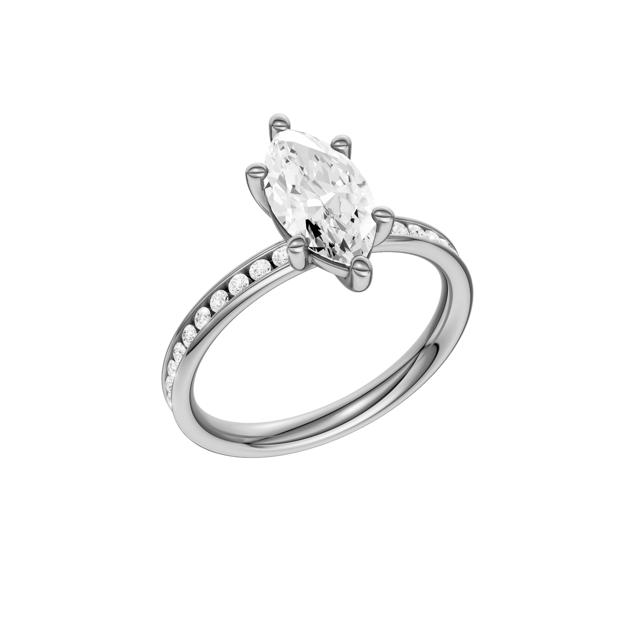 A three-quarter  view of the Marquise cut diamond engagement ring in platinum with a diamond channel band and cathedral setting