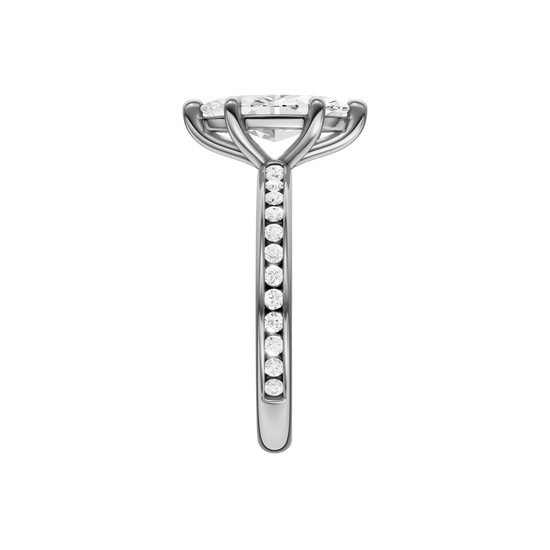 A side view of the Marquise cut diamond engagement ring in platinum with a diamond channel band and cathedral setting