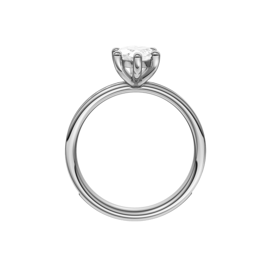 A profile  view of the Marquise cut diamond engagement ring in platinum with a diamond channel band and cathedral setting