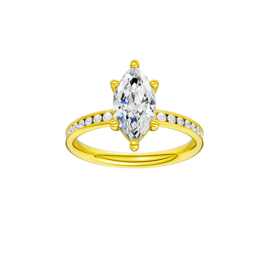 A front view of the Marquise cut diamond engagement ring in 14k yellow gold with a diamond channel band and cathedral setting