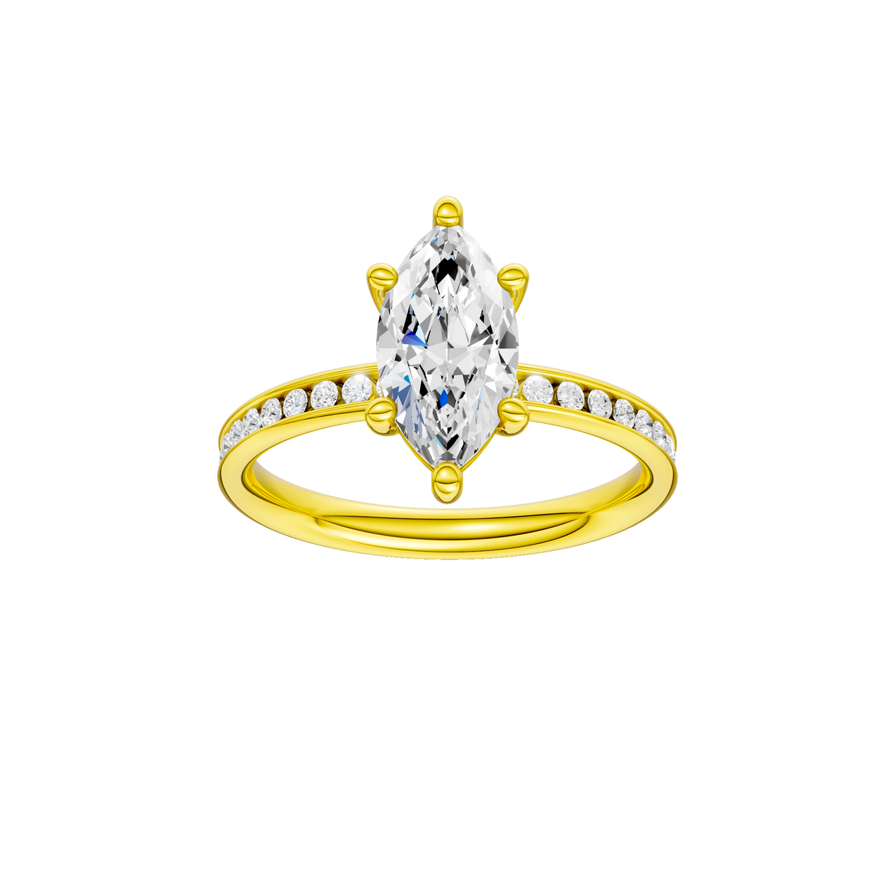 A front view of the Marquise cut diamond engagement ring in 14k yellow gold with a diamond channel band and cathedral setting