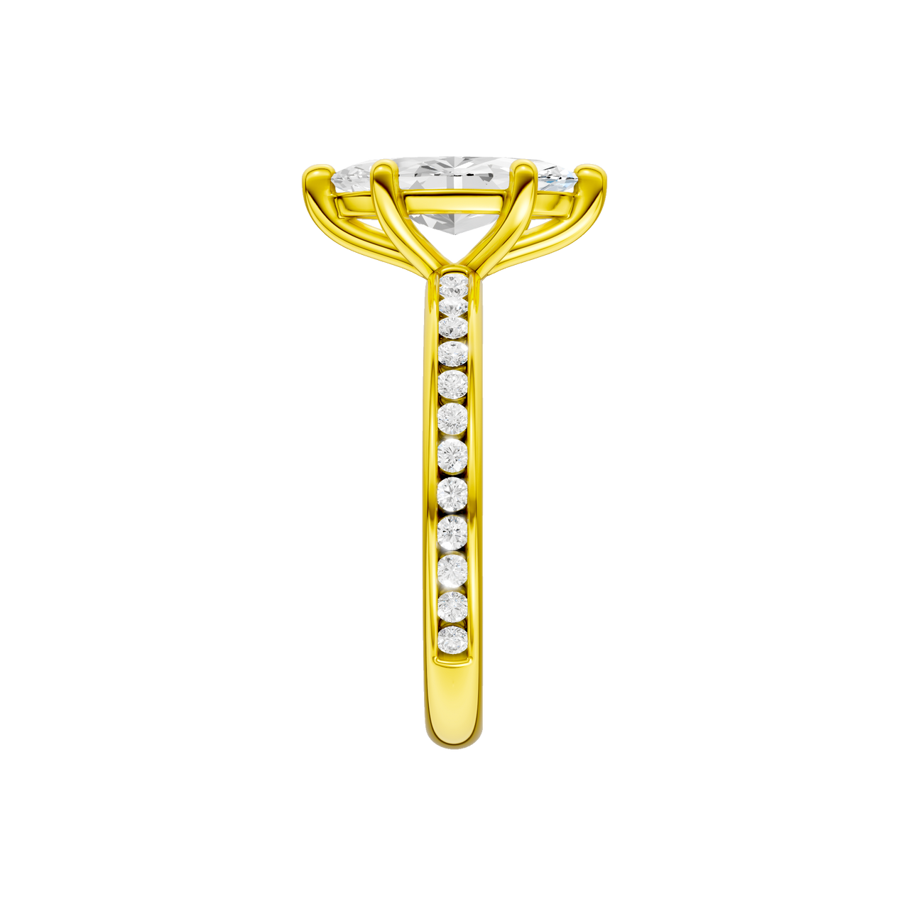 A side view of the Marquise cut diamond engagement ring in 14k yellow gold with a diamond channel band and cathedral setting