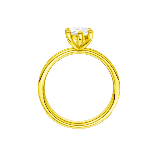 A profile view of the Marquise cut diamond engagement ring in 14k yellow gold with a diamond channel band and cathedral setting