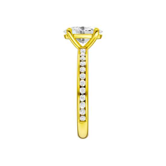 The side view of the Oval cut diamond engagement ring in 14k yellow gold with a diamond channel band and cathedral setting