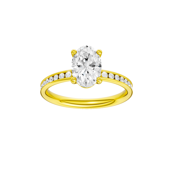 The front view of the Oval cut diamond engagement ring in 14k yellow gold with a diamond channel band and cathedral setting
