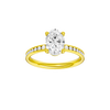 The front view of the Oval cut diamond engagement ring in 14k yellow gold with a diamond channel band and cathedral setting