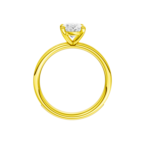 The profile view of the Oval cut diamond engagement ring in 14k yellow gold with a diamond channel band and cathedral setting