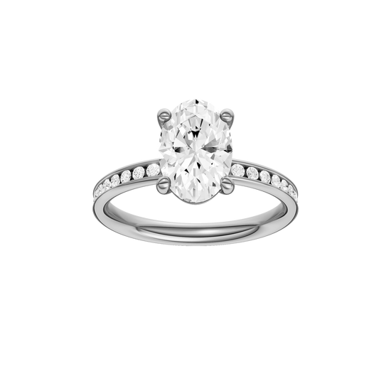 The front view of the Oval cut diamond engagement ring in 14k white gold with a diamond channel band and cathedral setting
