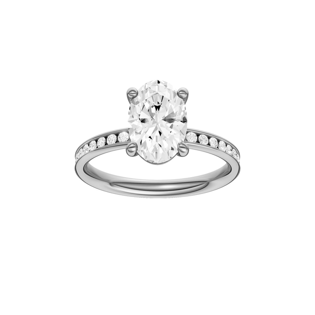 The front view of the Oval cut diamond engagement ring in platinum with a diamond channel band and cathedral setting