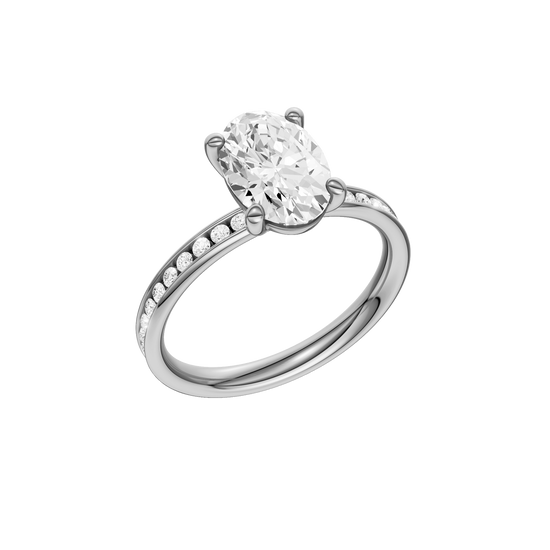 The three-quarter view of the Oval cut diamond engagement ring in 14k white gold with a diamond channel band and cathedral setting