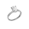 The three-quarter view of the Oval cut diamond engagement ring in platinum with a diamond channel band and cathedral setting