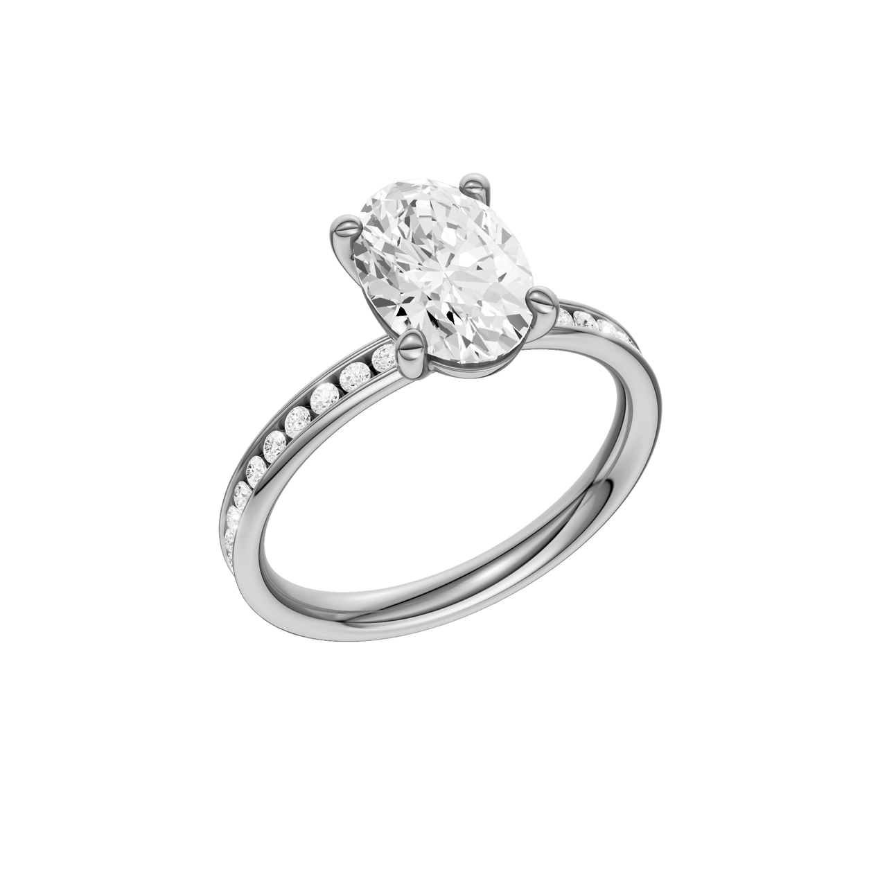 The three-quarter view of the Oval cut diamond engagement ring in platinum with a diamond channel band and cathedral setting