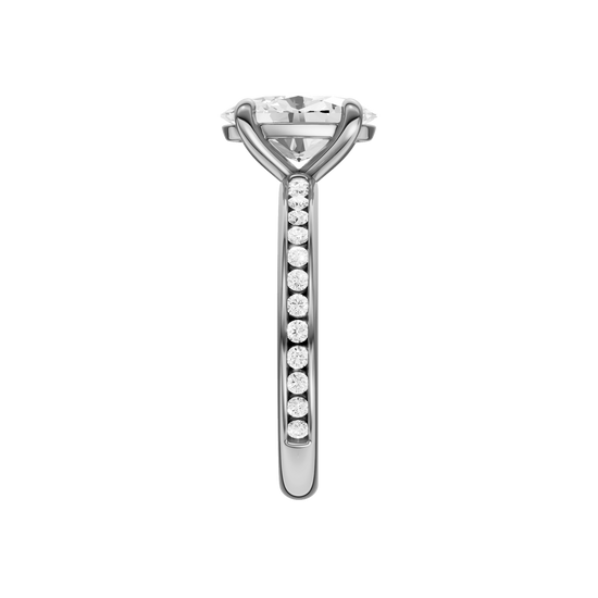 The side view of the Oval cut diamond engagement ring in 14k white gold with a diamond channel band and cathedral setting