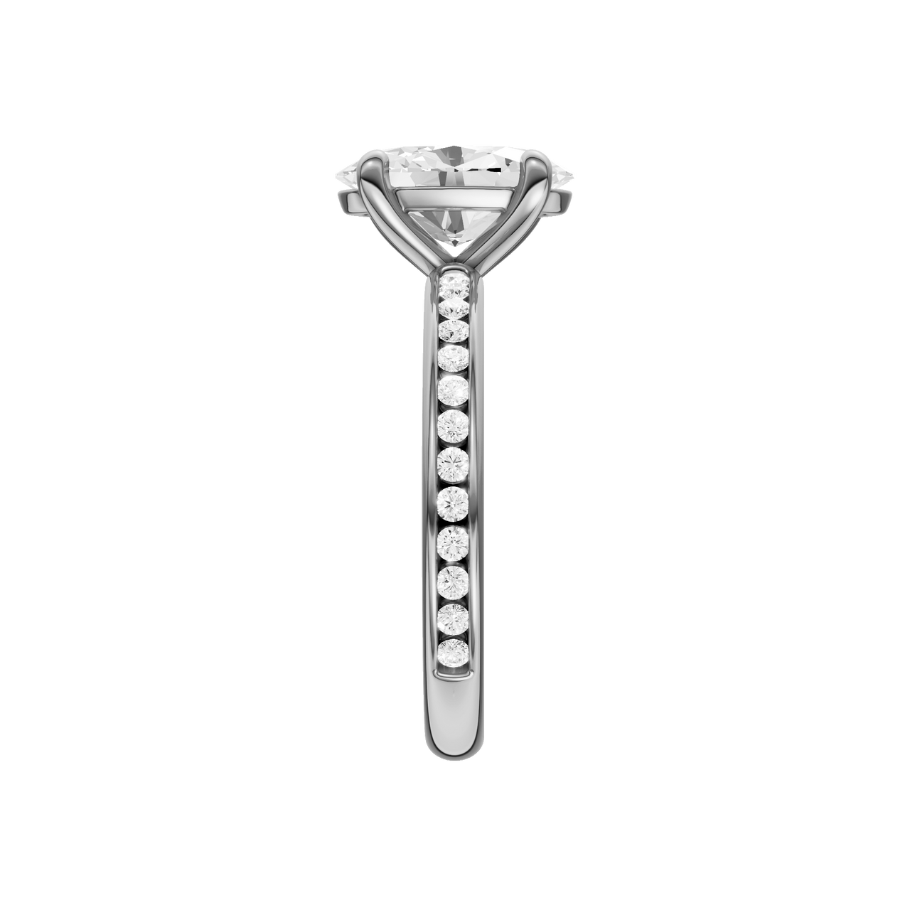 The side view of the Oval cut diamond engagement ring in platinum with a diamond channel band and cathedral setting