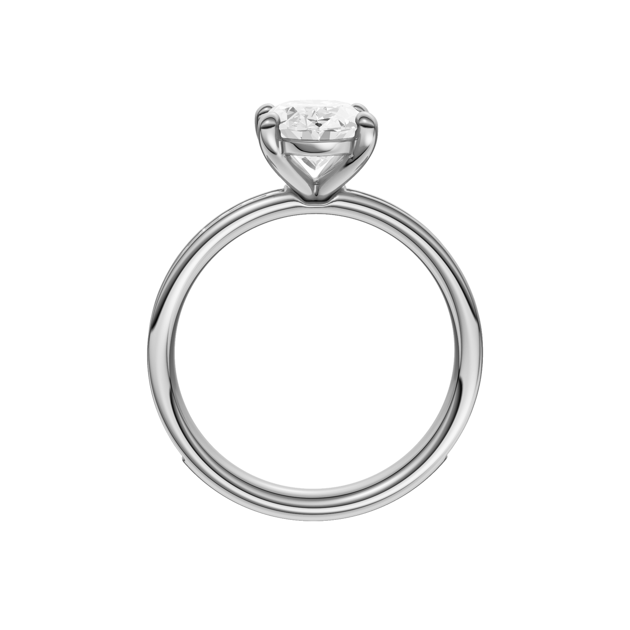 The profile view of the Oval cut diamond engagement ring in 14k white gold with a diamond channel band and cathedral setting