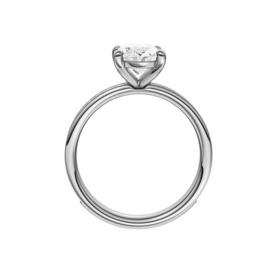 The profile view of the Oval cut diamond engagement ring in platinum with a diamond channel band and cathedral setting