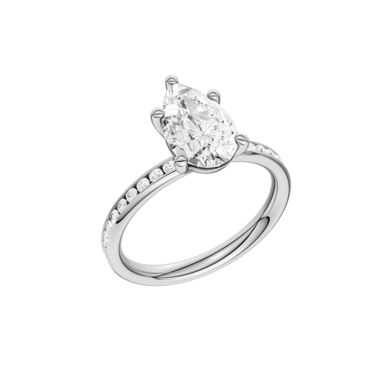 A three-quarter view of the Pear cut diamond engagement ring in platinum with a channel band and solitaire setting