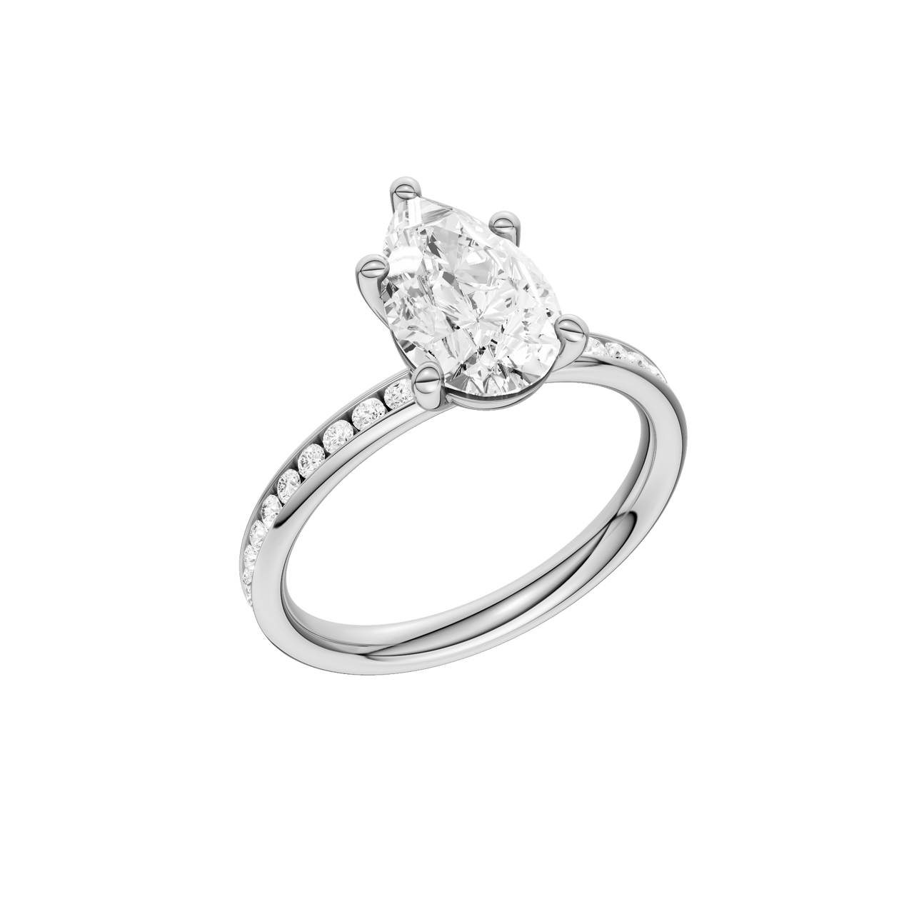 A three-quarter view of the Pear cut diamond engagement ring in platinum with a channel band and solitaire setting