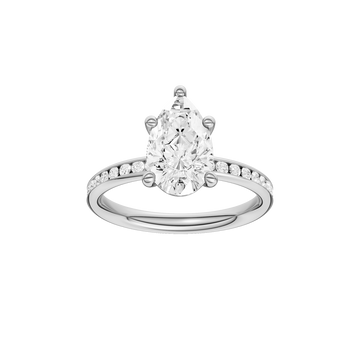 A front view of the Pear cut diamond engagement ring in 14k white gold with a channel band and solitaire setting