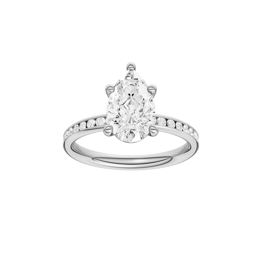 A front view of the Pear cut diamond engagement ring in 14k white gold with a channel band and solitaire setting