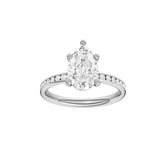 A front view of the Pear cut diamond engagement ring in platinum with a channel band and solitaire setting