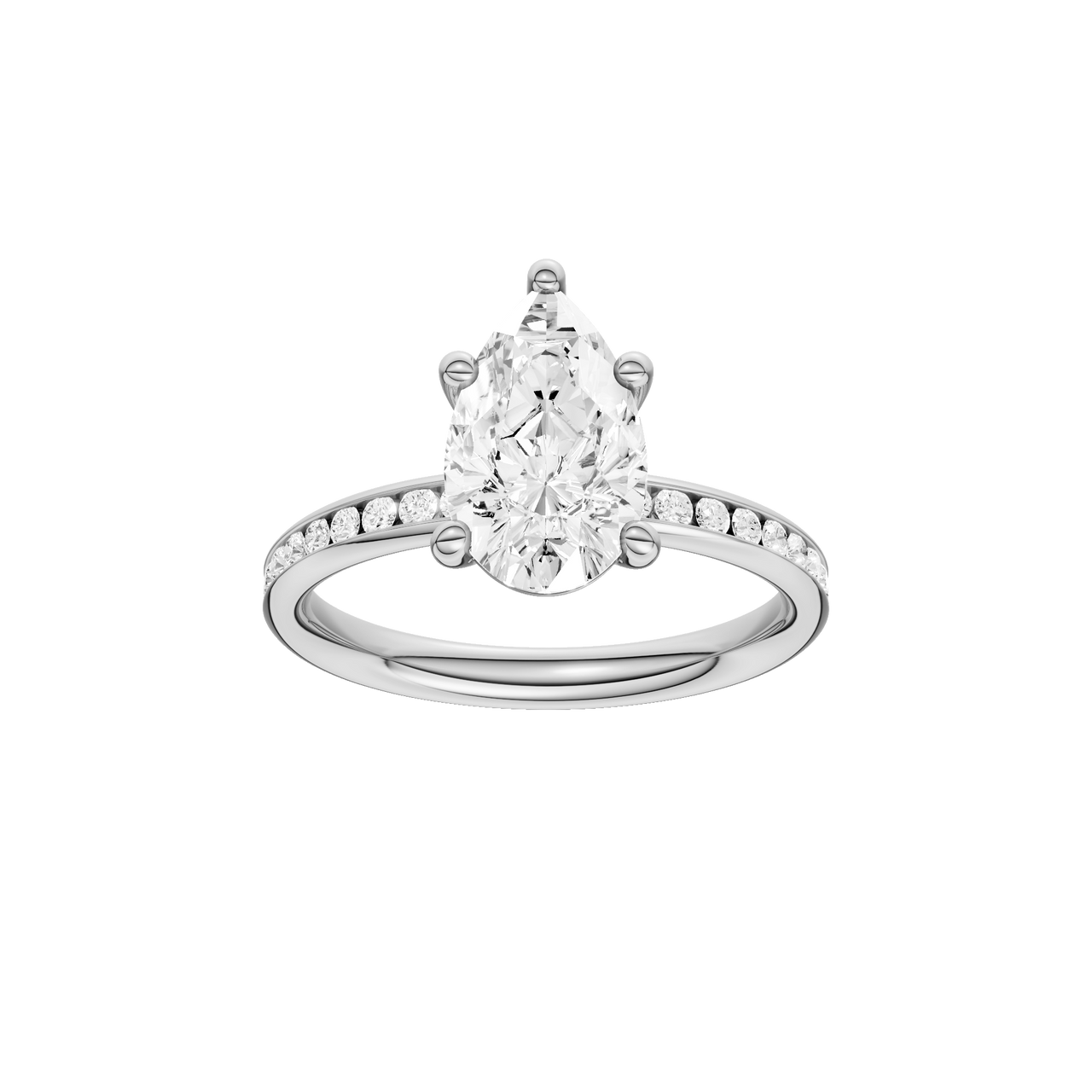 A front view of the Pear cut diamond engagement ring in platinum with a channel band and solitaire setting
