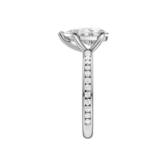 A side view of the Pear cut diamond engagement ring in 14k white gold with a channel band and solitaire setting