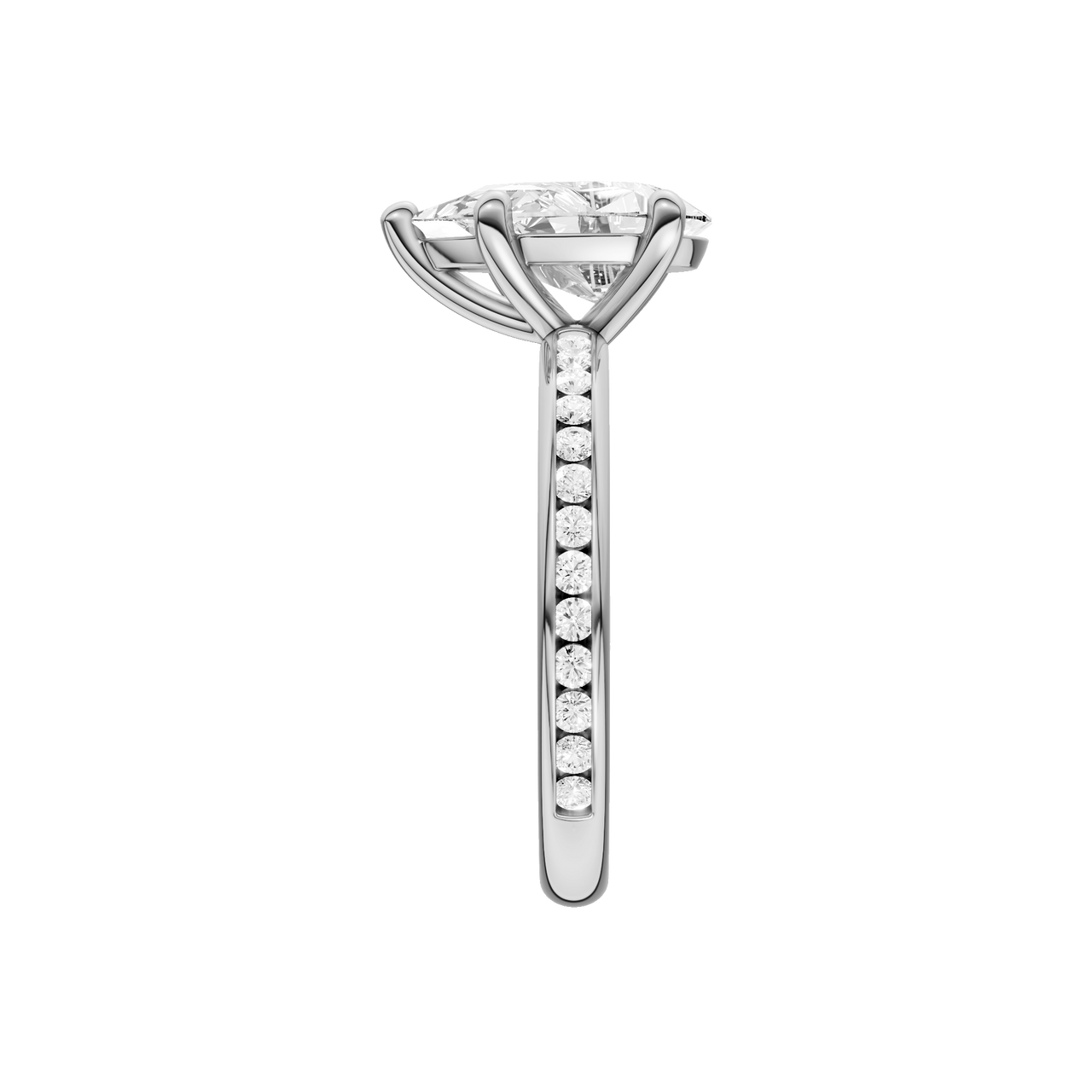A side view of the Pear cut diamond engagement ring in platinum with a channel band and solitaire setting