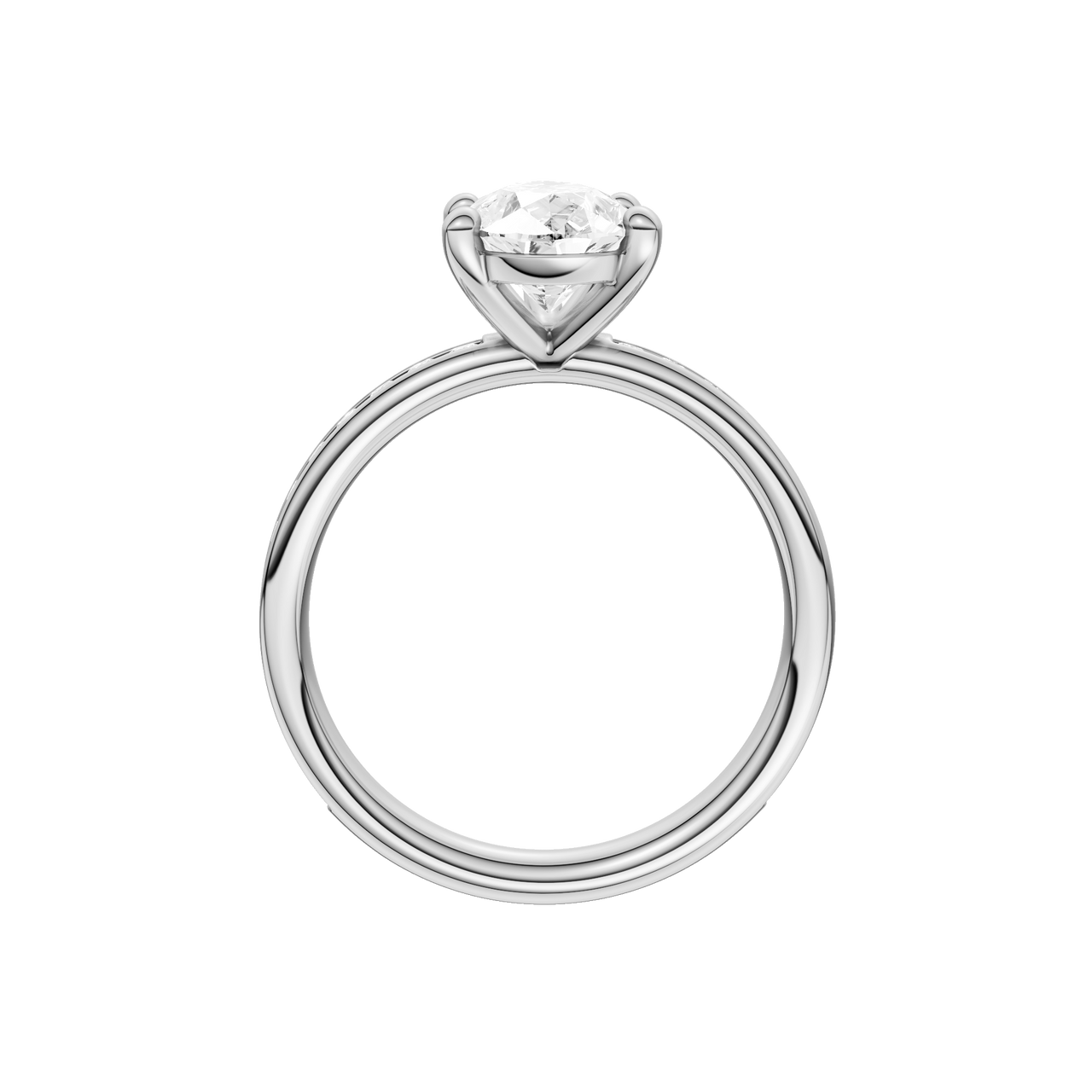 A profile view of the Pear cut diamond engagement ring in 14k white gold with a channel band and solitaire setting