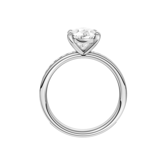 A profile view of the Pear cut diamond engagement ring in platinum with a channel band and solitaire setting