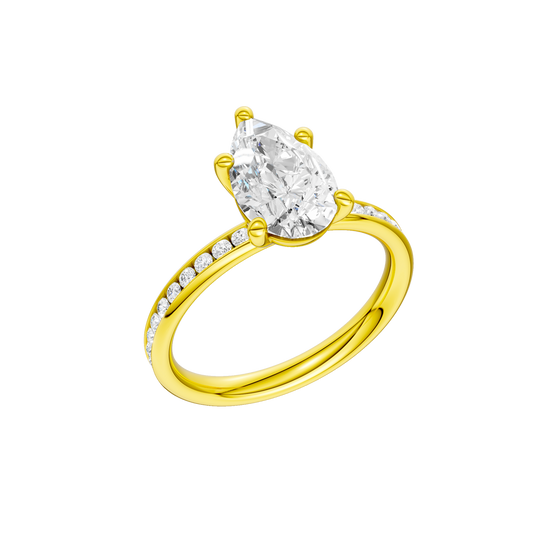 A three-quarter view of the Pear cut diamond engagement ring in 14k yellow gold with a channel band and solitaire setting