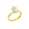 A three-quarter view of the Pear cut diamond engagement ring in 14k yellow gold with a channel band and solitaire setting