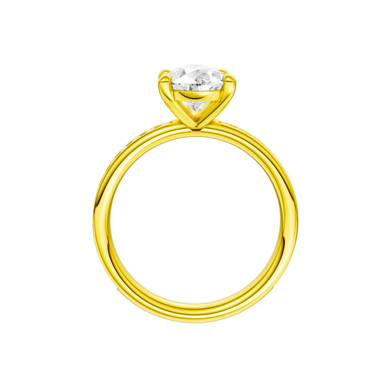 A profile view of the Pear cut diamond engagement ring in 14k yellow gold with a channel band and solitaire setting