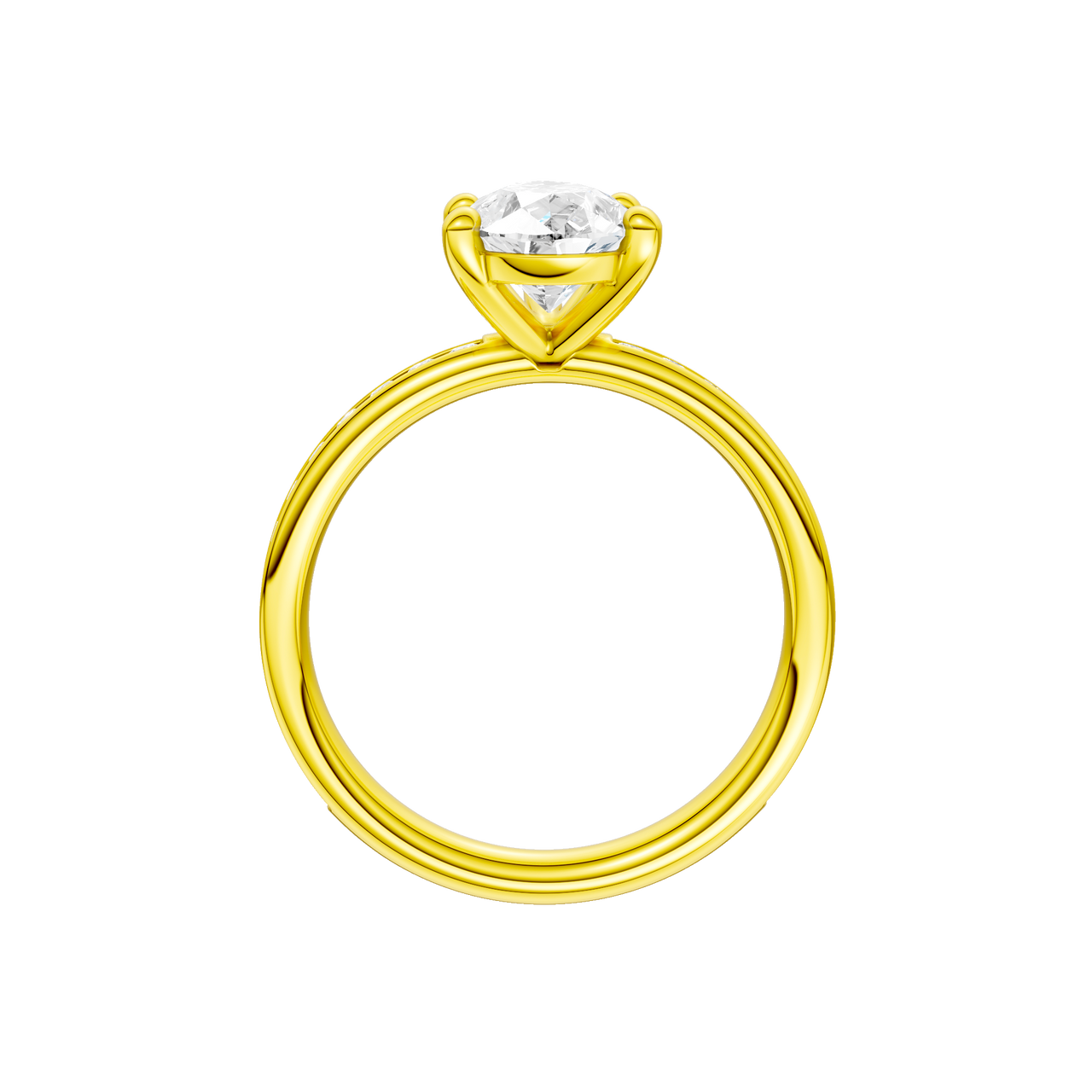 A profile view of the Pear cut diamond engagement ring in 14k yellow gold with a channel band and solitaire setting