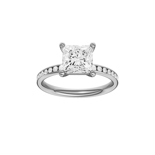 A front view of the Princess cut diamond engagement ring in 14k white gold with a diamond channel band and cathedral setting