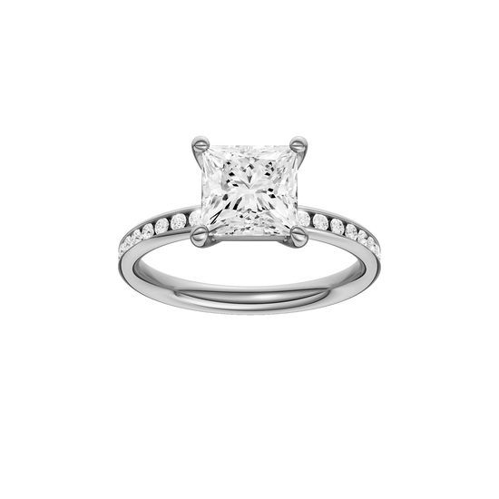 A front view of the Princess cut diamond engagement ring in platinum with a diamond channel band and cathedral setting
