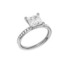A three-quarter view of the Princess cut diamond engagement ring in platinum with a diamond channel band and cathedral setting