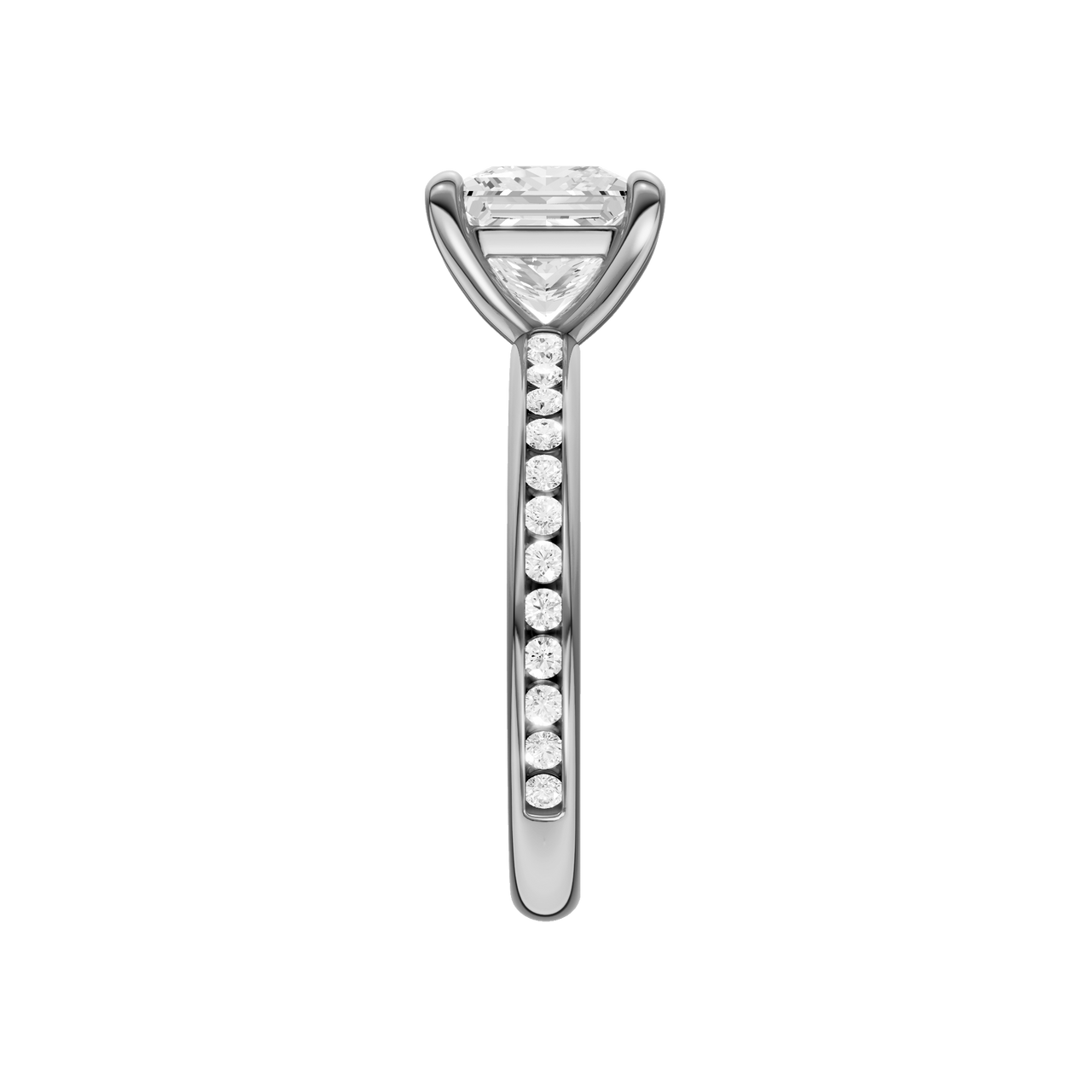 A side view of the Princess cut diamond engagement ring in 14k white gold with a diamond channel band and cathedral setting