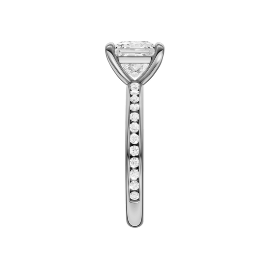 A side view of the Princess cut diamond engagement ring in platinum with a diamond channel band and cathedral setting