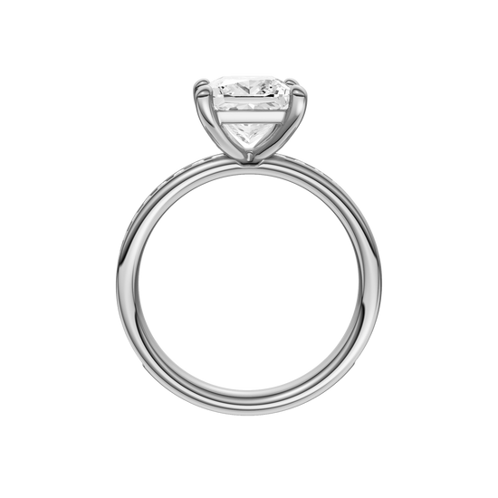 A profile view of the Princess cut diamond engagement ring in 14k white gold with a diamond channel band and cathedral setting