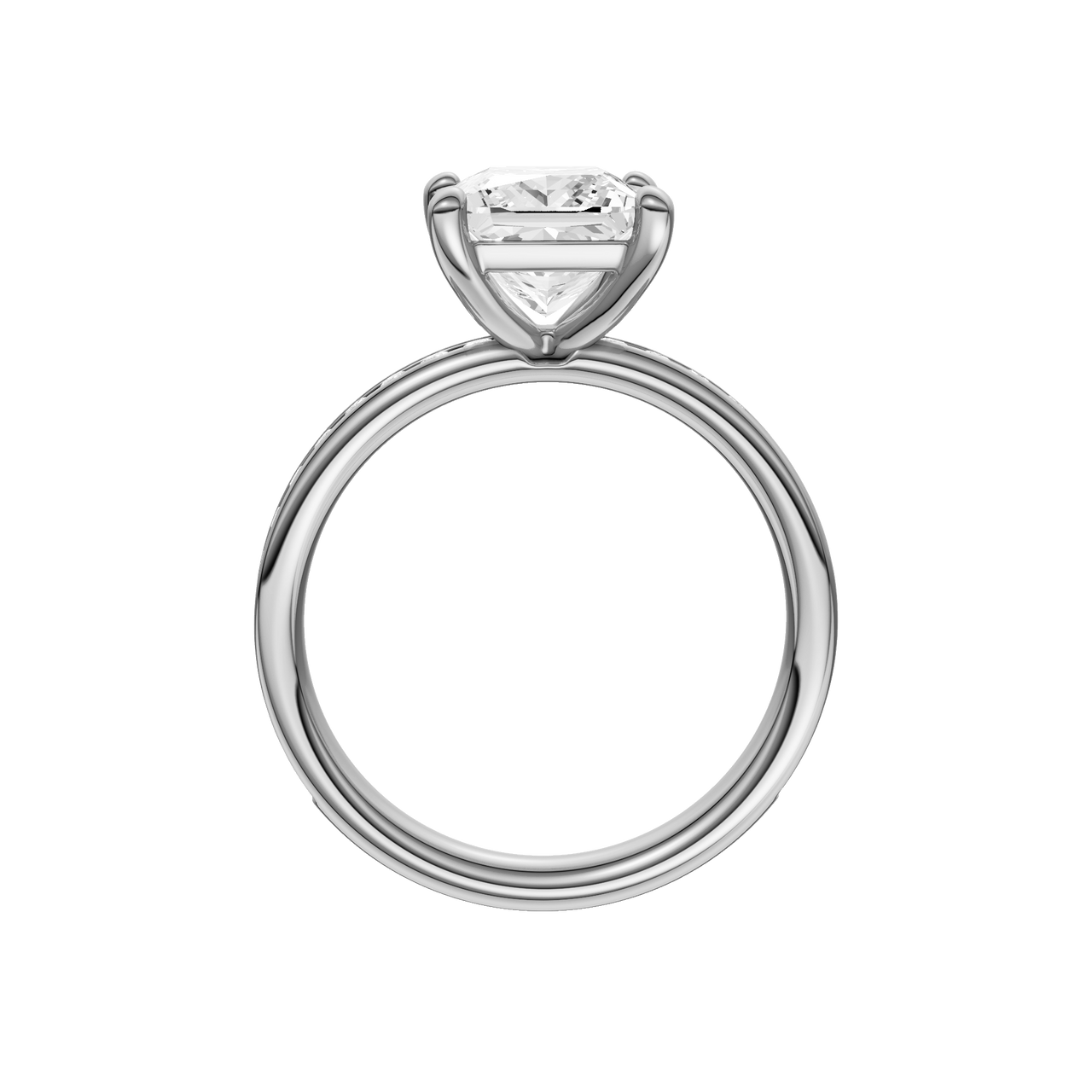 A profile view of the Princess cut diamond engagement ring in 14k white gold with a diamond channel band and cathedral setting