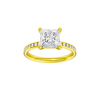 A front view of the Princess cut diamond engagement ring in 14k yellow gold with a diamond channel band and cathedral setting