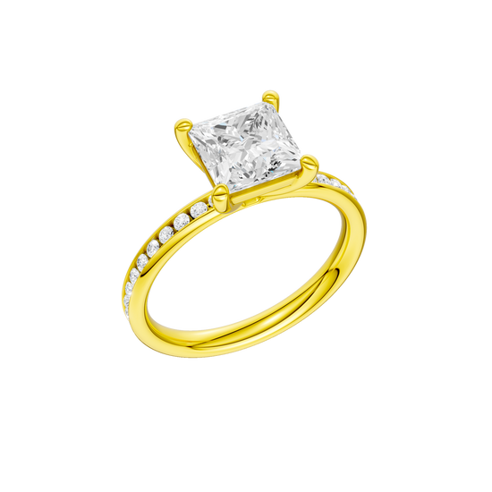 A three-quarter view of the Princess cut diamond engagement ring in 14k yellow gold with a diamond channel band and cathedral setting
