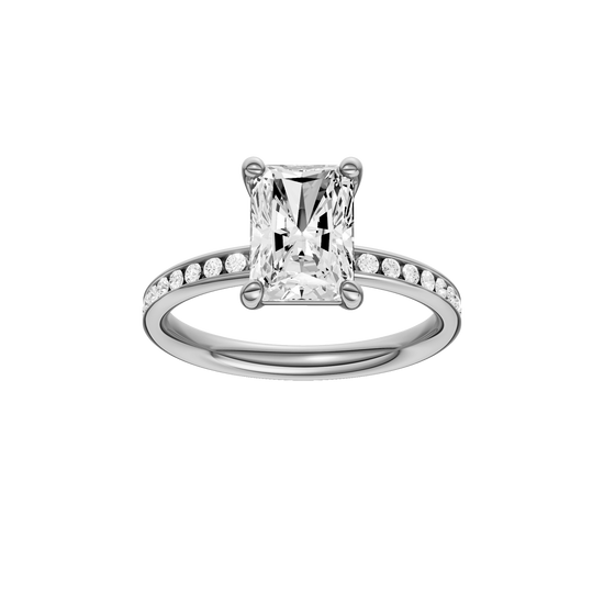 A front view of the Radiant cut diamond engagement ring in 14k white gold with a diamond channel band and cathedral setting.