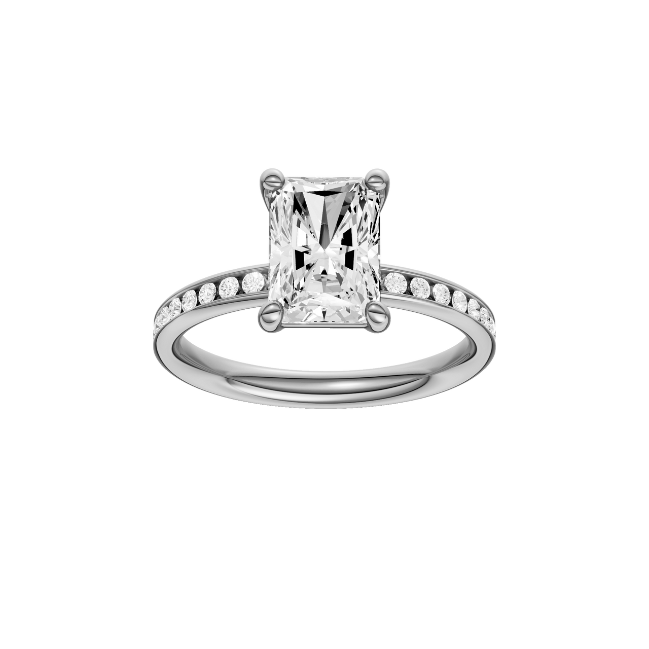 A front view of the Radiant cut diamond engagement ring in 14k white gold with a diamond channel band and cathedral setting.