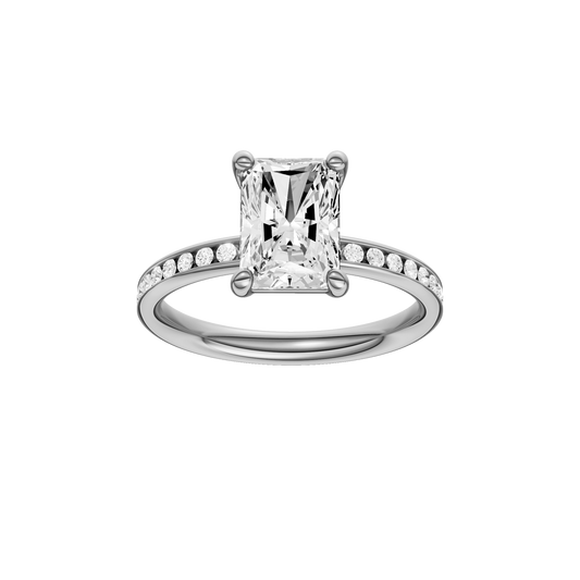 A front view of the Radiant cut diamond engagement ring in 14k white gold with a diamond channel band and cathedral setting.