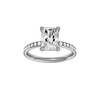 A front view of the Radiant cut diamond engagement ring in platinum with a diamond channel band and cathedral setting.